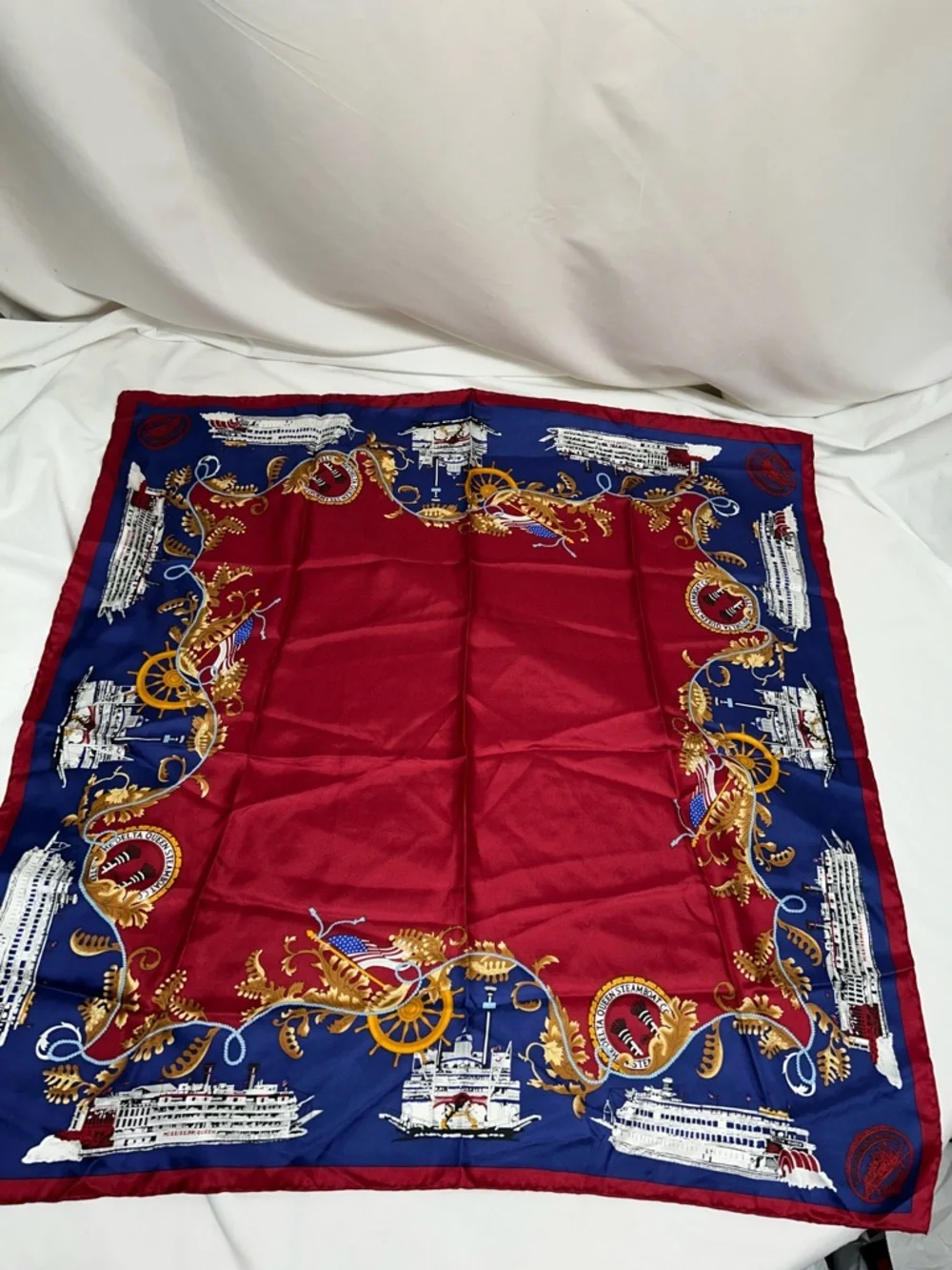 Vintage The Delta Queen Steamboat Co Red and Navy Silk Decorative Souvenir Scarf - Picture 2 of 8